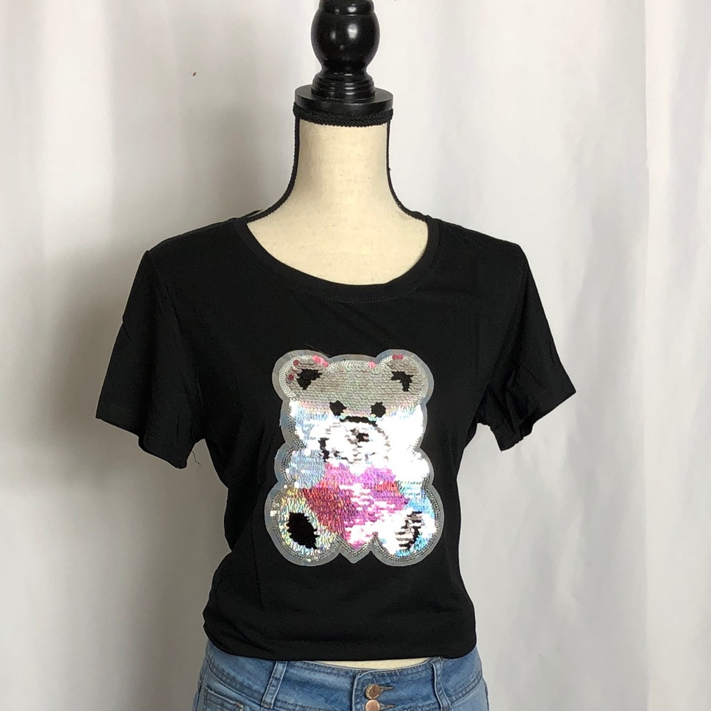 Black Teddy Bear Embroidered T-Shirt NWT